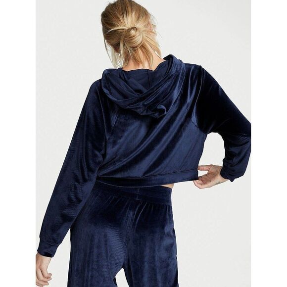 Victoria's Secret S,M,L TRACKSUIT SET Hoodie jogger pants NAVY BLUE VELOUR rib - Picture 3 of 6